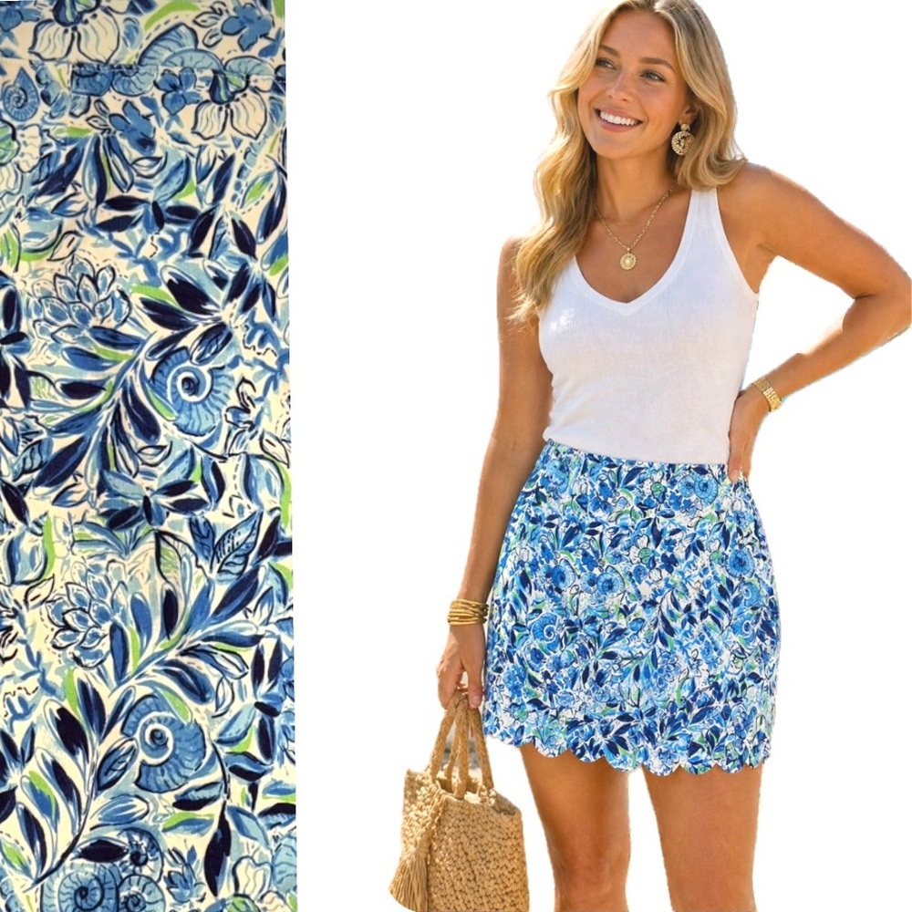 Stella Parker, Blue Floral Skort Scalloped Hem Coastal Preppy, Size L